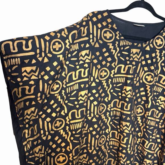 VTG 80s 90s BLACK GOLD AFRICAN PRINT KAFTAN MU MU HOUSE DRESS MAGIC PLUS SZ OS - Picture 2 of 6